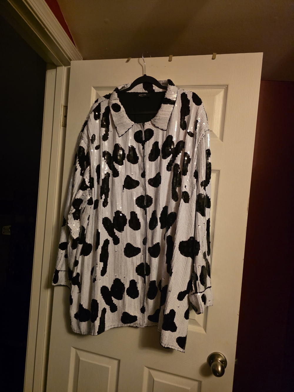 Nasty Gal White Sequin Shirt with Black Abstract Spots